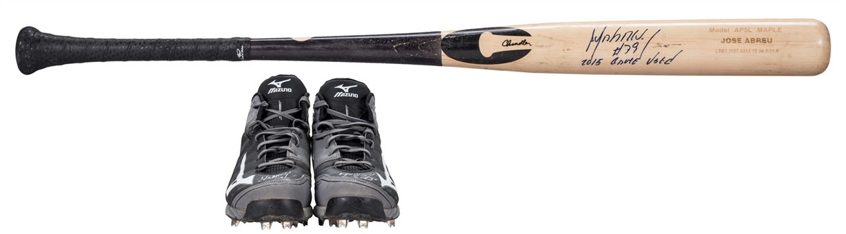 Lot of (2) 2015 Jose Abreu Game Used and Signed Chandler AP5L Model Bat and Cleats (Player Direct & JSA)